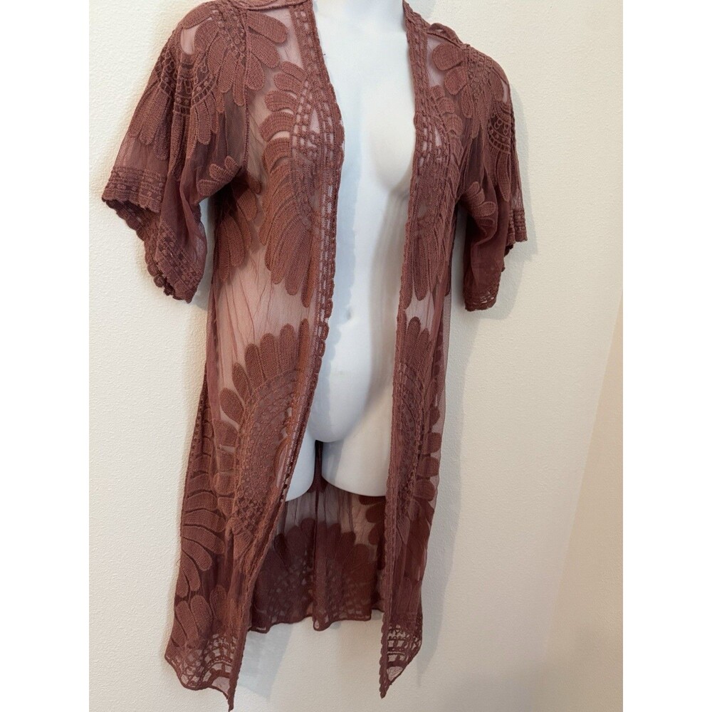 Rebellion Again Kimono Duster Women M Dusty Rose Lace Sheer Open Long Boho Beach